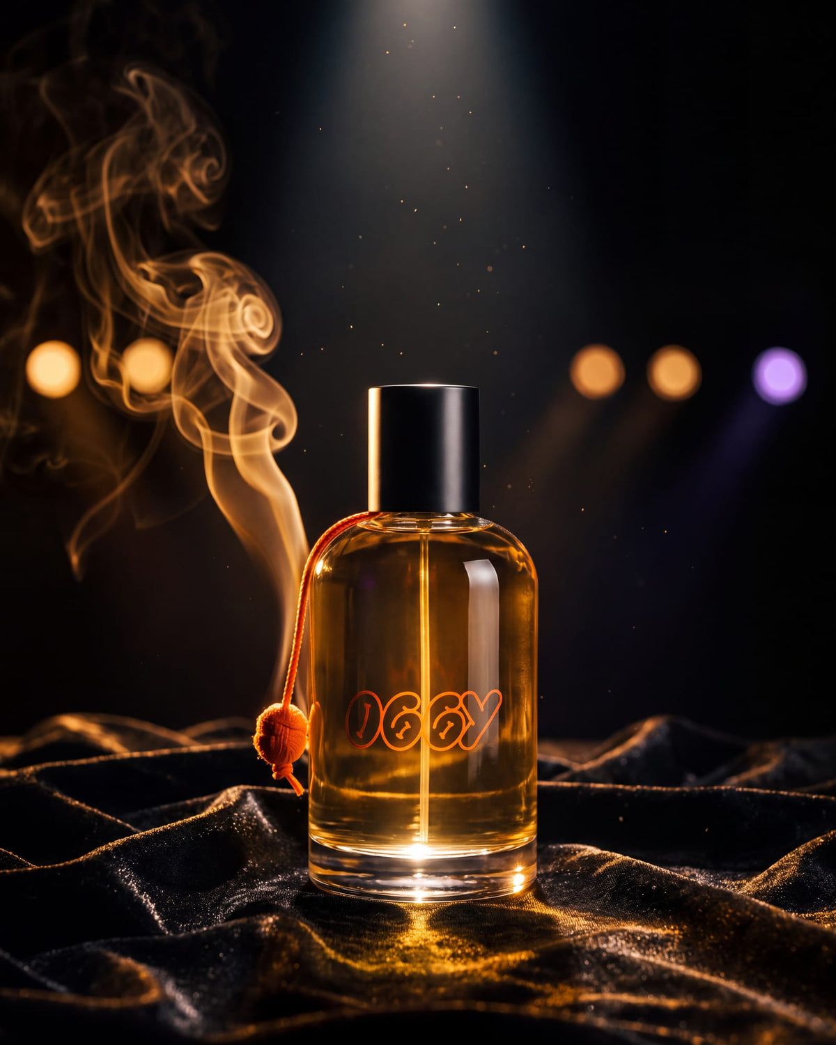 O66Y × Fragattel sobre terciopelo negro con humo dorado · Fragattel