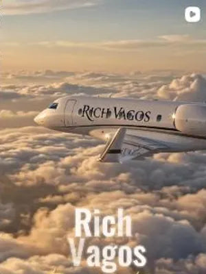 Ilustración de un jet privado con el nombre Rich Vagos sobre las nubes